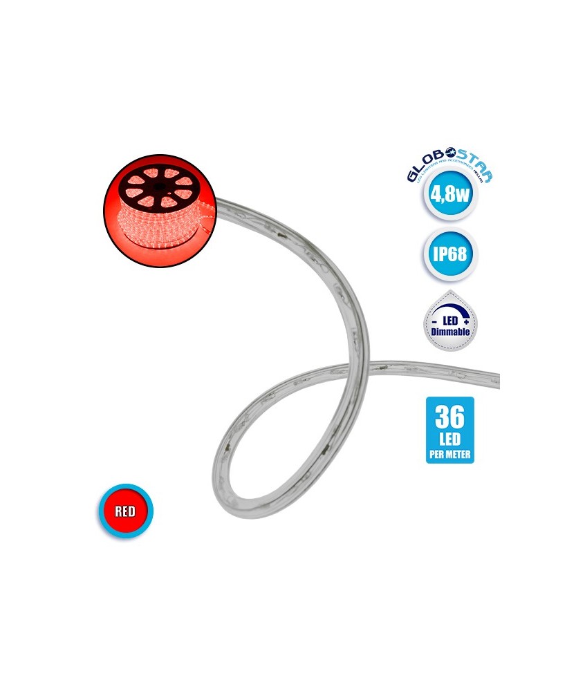 Φωτοσωλήνας LED Διάφανος 1m 4.8W-m 230V 36 LED-m Δίοδος 12mm 250lm-m Αδιάβροχος IP68 Κόκκινο Dimmable GloboStar 22515